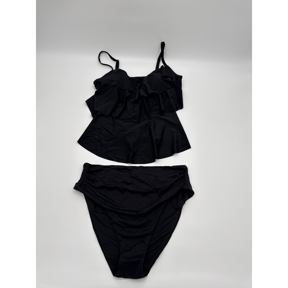 ENVYA Women Black Ruffle Tankini Set High Waist Two Piece Swimsuit 2X NEW